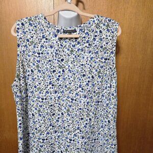 Adrianna Papell Womens 1X Floral Print V Neck Sleeveless Blouse Top White Blue